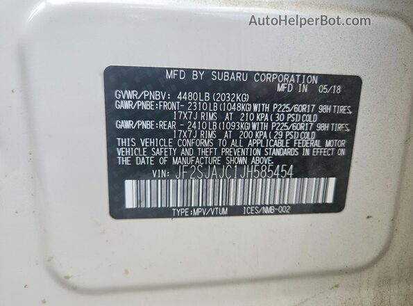 JF2SJAJC1JH585454 2018 SUBARU FORESTER White VIN կոդի պիտակի տեսք