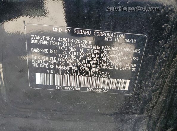 JF2SJAJC2JH577945 2018 SUBARU FORESTER Black VIN կոդի պիտակի տեսք
