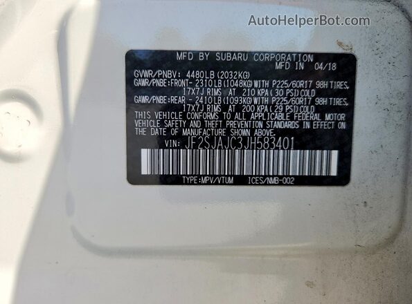 JF2SJAJC3JH583401 2018 SUBARU FORESTER White Vista de la etiqueta del VIN