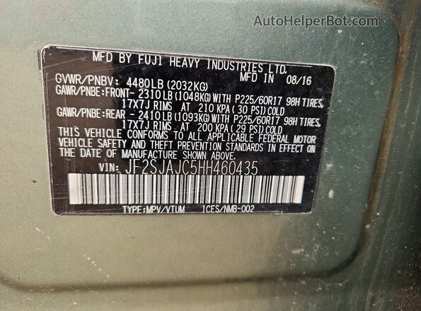 JF2SJAJC5HH460435 2017 SUBARU FORESTER Зеленый Панорамный вид салона 360°