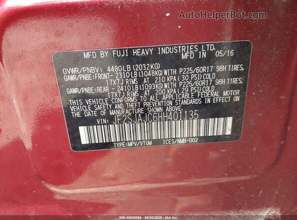JF2SJAJC6HH401135 2017 SUBARU FORESTER Burgundy Vista del compartimento del motor