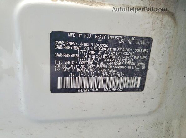 JF2SJAJC7HH400902 2017 SUBARU FORESTER White VIN sticker view