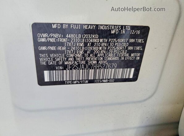 JF2SJAJC7HH527679 2017 SUBARU FORESTER White Вид наклейки з VIN-кодом
