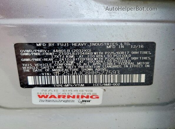 JF2SJAJC8HH527593 2017 SUBARU FORESTER Silver Vista interior de 360 grados