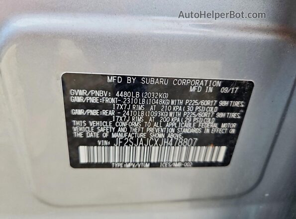 JF2SJAJCXJH478807 2018 SUBARU FORESTER Silver 360 interior view