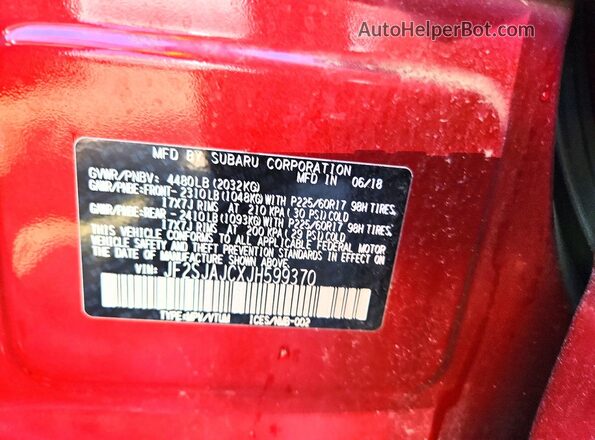JF2SJAJCXJH599370 2018 SUBARU FORESTER Burgundy VIN sticker view