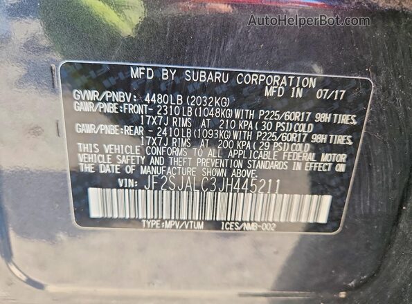 JF2SJALC3JH445211 2018 SUBARU FORESTER Gray Вид наклейки з VIN-кодом