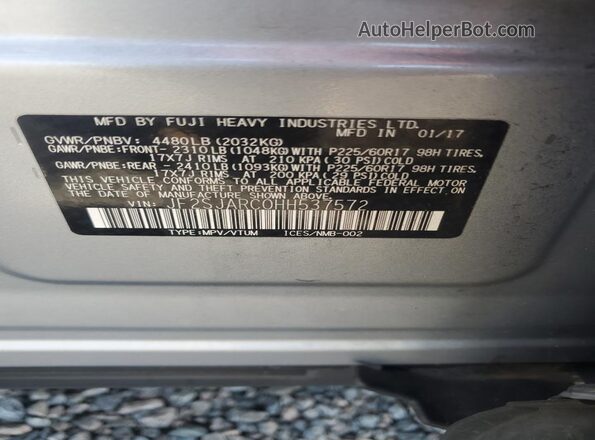 JF2SJARC0HH537572 2017 SUBARU FORESTER Silver VIN sticker view