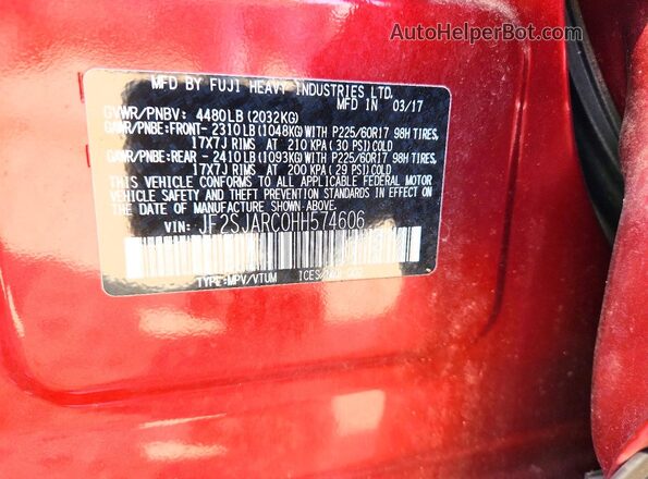 JF2SJARC0HH574606 2017 SUBARU FORESTER Красный Вид наклейки с VIN-кодом