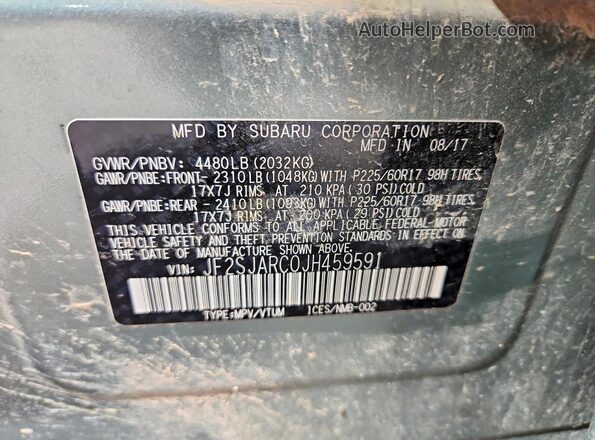 JF2SJARC0JH459591 2018 SUBARU FORESTER Green VIN კოდის სტიკერის ხედი