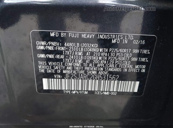 JF2SJARC2GH531562 2016 SUBARU FORESTER Black Widok komory silnika