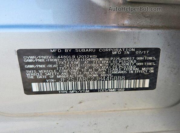 JF2SJARC2JH446888 2018 SUBARU FORESTER Silver VIN sticker view