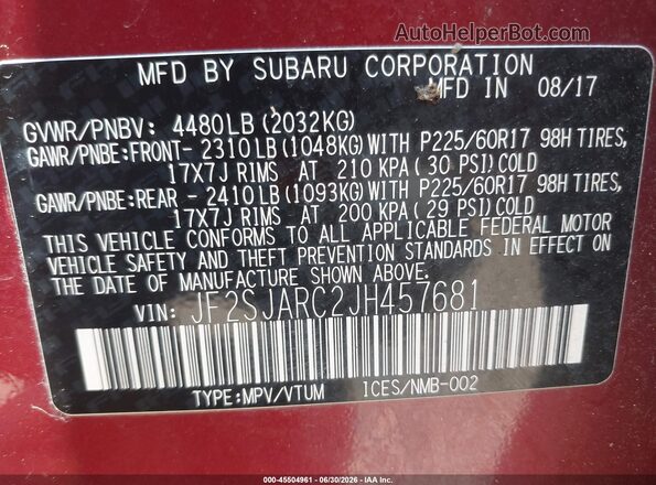 JF2SJARC2JH457681 2018 SUBARU FORESTER Red Vista del compartimento del motor
