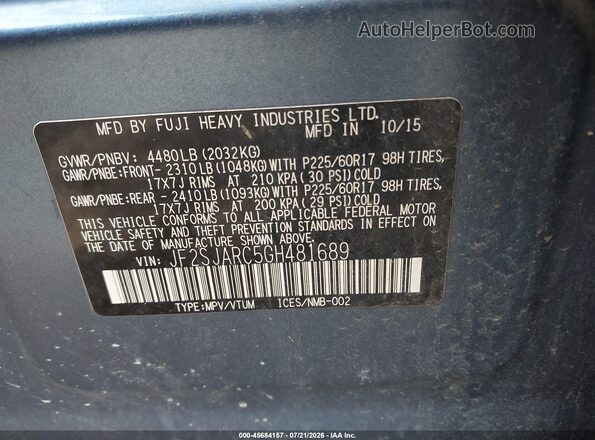 JF2SJARC5GH481689 2016 SUBARU FORESTER Blue Շարժիչի բաժամունքի տեսք