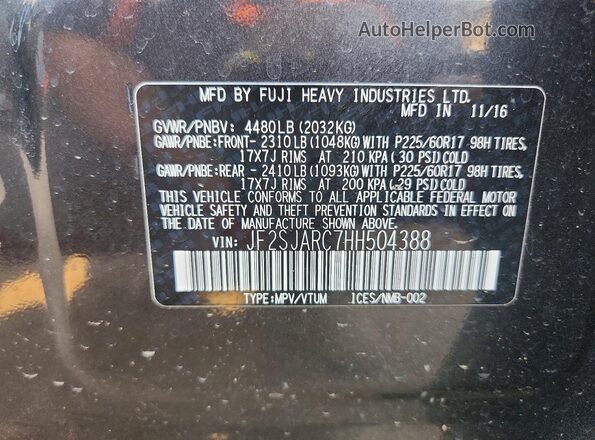 JF2SJARC7HH504388 2017 SUBARU FORESTER Gray Widok naklejki z numerem VIN
