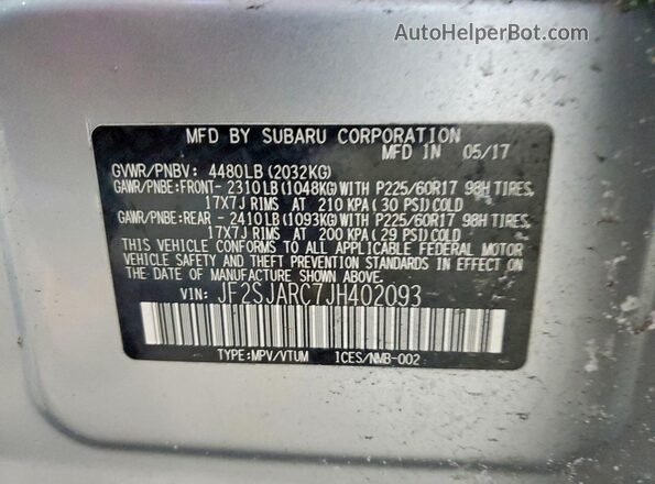 JF2SJARC7JH402093 2018 SUBARU FORESTER Silver Вид наклейки з VIN-кодом