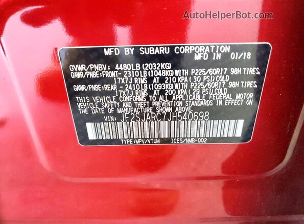JF2SJARC7JH540698 2018 SUBARU FORESTER Burgundy VIN sticker view