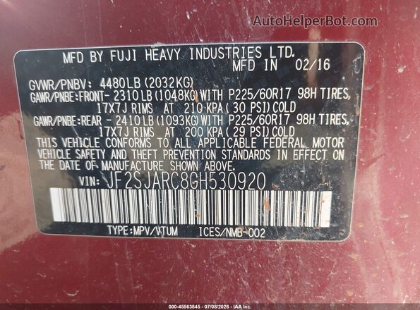 JF2SJARC8GH530920 2016 SUBARU FORESTER Красный Вид подкапотного пространства