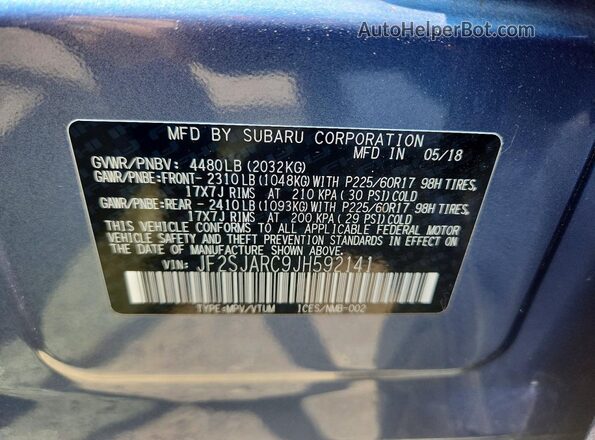 JF2SJARC9JH592141 2018 SUBARU FORESTER Blue Vista de la etiqueta del VIN