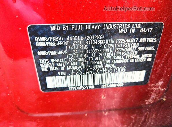 JF2SJARCXHH567906 2017 SUBARU FORESTER Red Widok naklejki z numerem VIN