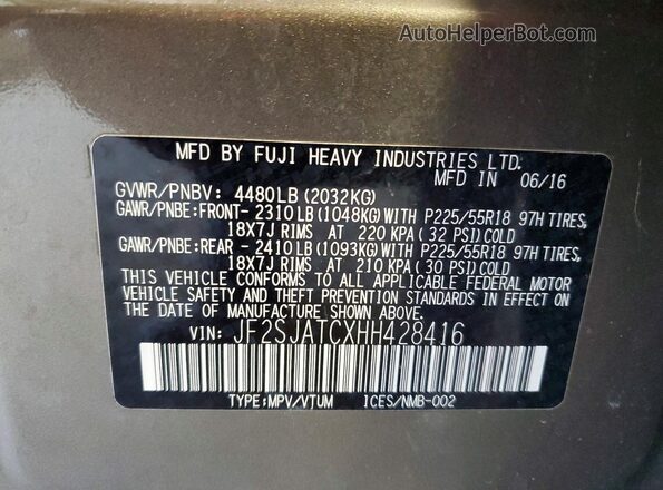 JF2SJATCXHH428416 2017 SUBARU FORESTER Tan Vista de la etiqueta del VIN