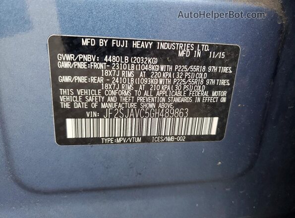 JF2SJAVC5GH489863 2016 SUBARU FORESTER Blue VIN կոդի պիտակի տեսք