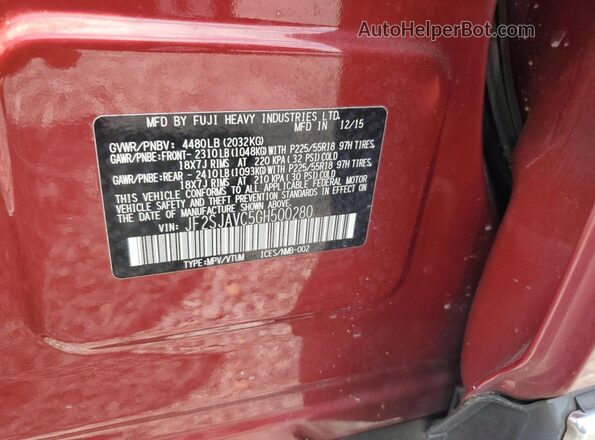 JF2SJAVC5GH500280 2016 SUBARU FORESTER Burgundy Vista del compartimento del motor