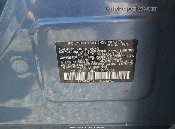 JF2SJAWC2HH473054 2017 SUBARU FORESTER Blue ძრავის განყოფილების ხედი