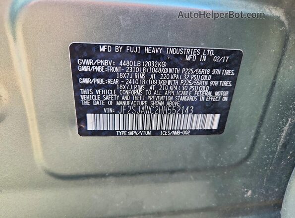 JF2SJAWC2HH552143 2017 SUBARU FORESTER Green VIN კოდის სტიკერის ხედი