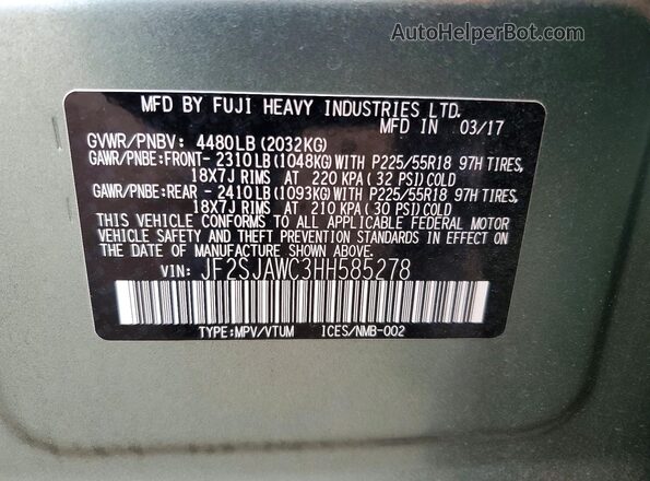 JF2SJAWC3HH585278 2017 SUBARU FORESTER Green Вид наклейки з VIN-кодом