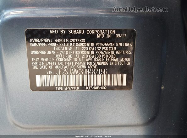 JF2SJAWC3JH482156 2018 SUBARU FORESTER Blue Շարժիչի բաժամունքի տեսք