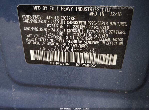 JF2SJAWC4HH522531 2017 SUBARU FORESTER Light Blue Vista del compartimento del motor