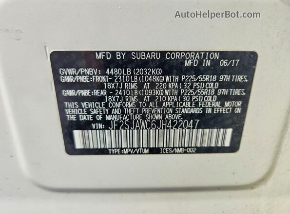 JF2SJAWC6JH422047 2018 SUBARU FORESTER White Вид наклейки з VIN-кодом