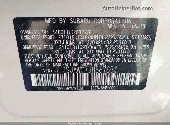 JF2SJAWC7JH587654 2018 SUBARU FORESTER White ძრავის განყოფილების ხედი