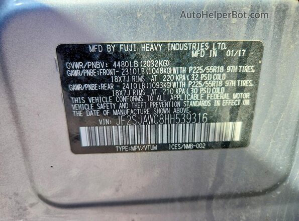 JF2SJAWC8HH539316 2017 SUBARU FORESTER Silver VIN კოდის სტიკერის ხედი