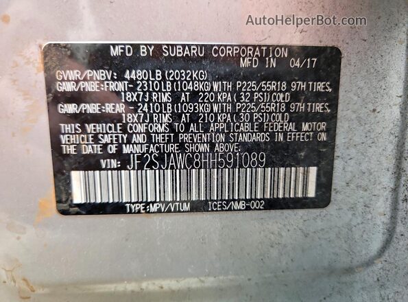 JF2SJAWC8HH591089 2017 SUBARU FORESTER Silver Vista interior de 360 grados