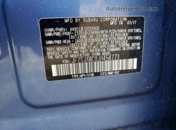 JF2SJAWC8JH454773 2018 SUBARU FORESTER Синий Панорамный вид салона 360°