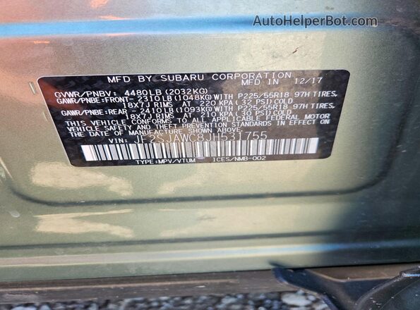 JF2SJAWC8JH531755 2018 SUBARU FORESTER Green Widok naklejki z numerem VIN