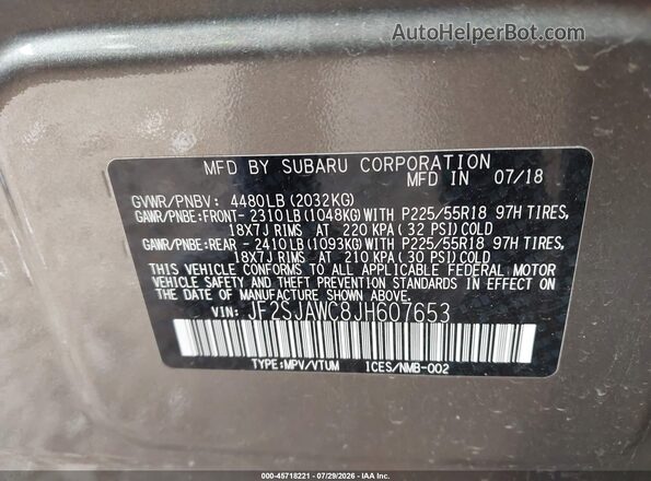 JF2SJAWC8JH607653 2018 SUBARU FORESTER Gray Vista del compartimento del motor