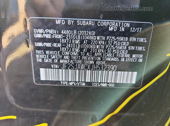 JF2SJAWCXJH532390 2018 SUBARU FORESTER Black Vista de la etiqueta del VIN