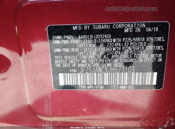 JF2SJAWCXJH573103 2018 SUBARU FORESTER Red Vista del compartimento del motor