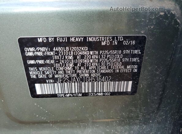 JF2SJAXC1GH536402 2016 SUBARU FORESTER Green VIN կոդի պիտակի տեսք