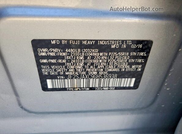 JF2SJAXC9GH536938 2016 SUBARU FORESTER Silver Vista de la etiqueta del VIN