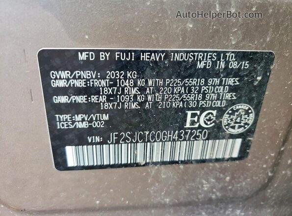 JF2SJCTC0GH437250 2016 SUBARU FORESTER Желто-коричневый Вид наклейки с VIN-кодом