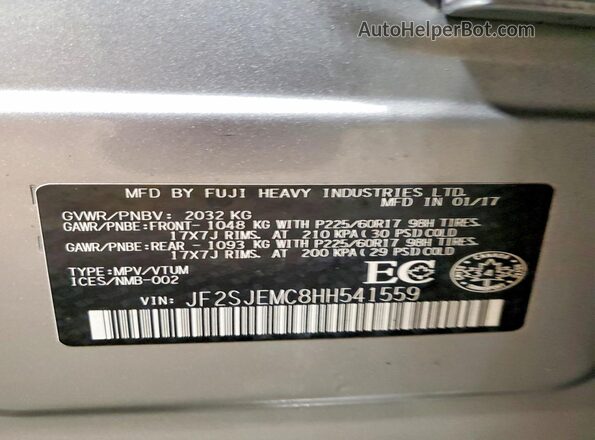 JF2SJEMC8HH541559 2017 SUBARU FORESTER Silver Вид наклейки з VIN-кодом