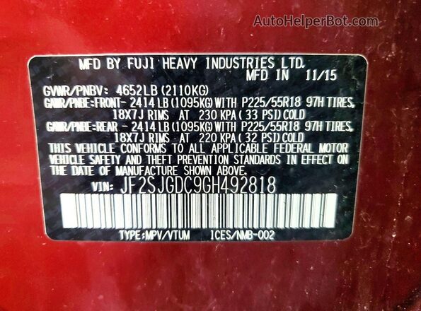 JF2SJGDC9GH492818 2016 SUBARU FORESTER Red ძრავის განყოფილების ხედი
