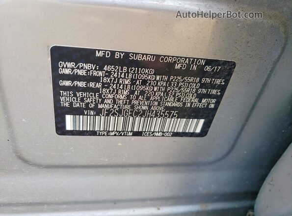 JF2SJGEC2JH435575 2018 SUBARU FORESTER Silver Vista de la etiqueta del VIN