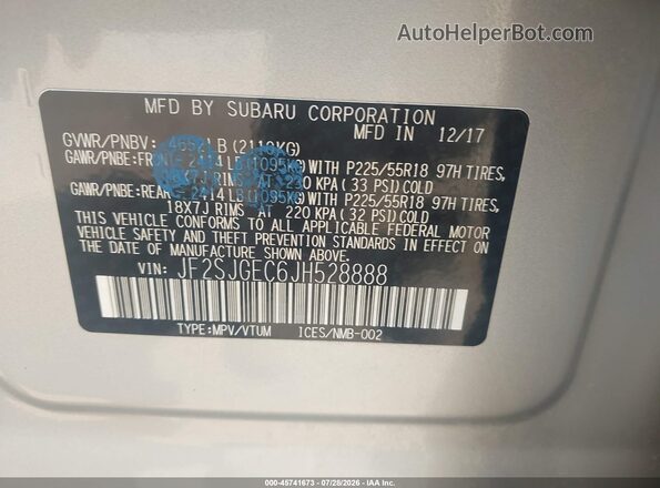 JF2SJGEC6JH528888 2018 SUBARU FORESTER Серебряный Вид подкапотного пространства