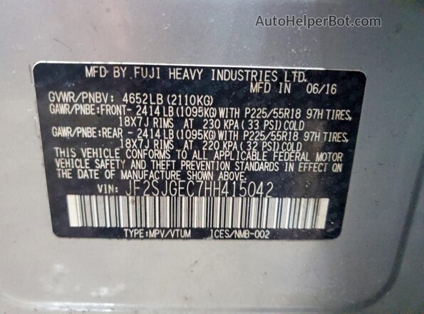 JF2SJGEC7HH415042 2017 SUBARU FORESTER Серебряный Вид наклейки с VIN-кодом