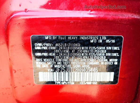 JF2SJGTC8HH409446 2017 SUBARU FORESTER Бордовый Вид наклейки с VIN-кодом